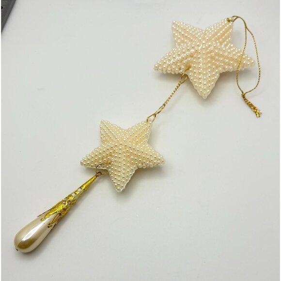 Vintage Faux Pearl Beaded Star Christmas Tree Ornament Dangle with Gold Accents - Picture 6 of 7